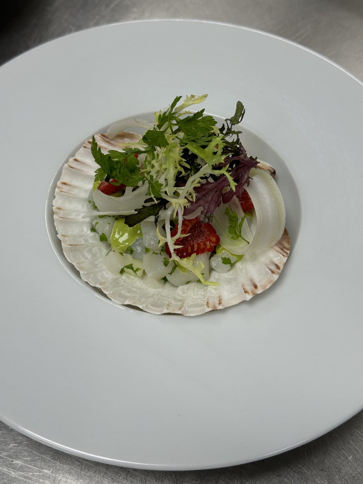 Elegant ret med kammusling og friske grøntsager